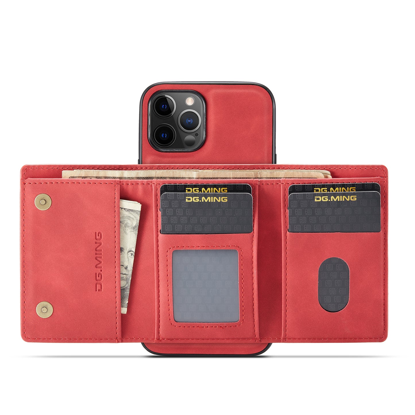 DG.MING M1 Series Wireless Charging Leather Coated TPU + PC Magnet Absorption Wallet Hybrid Cover Shell with Kickstand for iPhone 13 Pro 6.1 inch