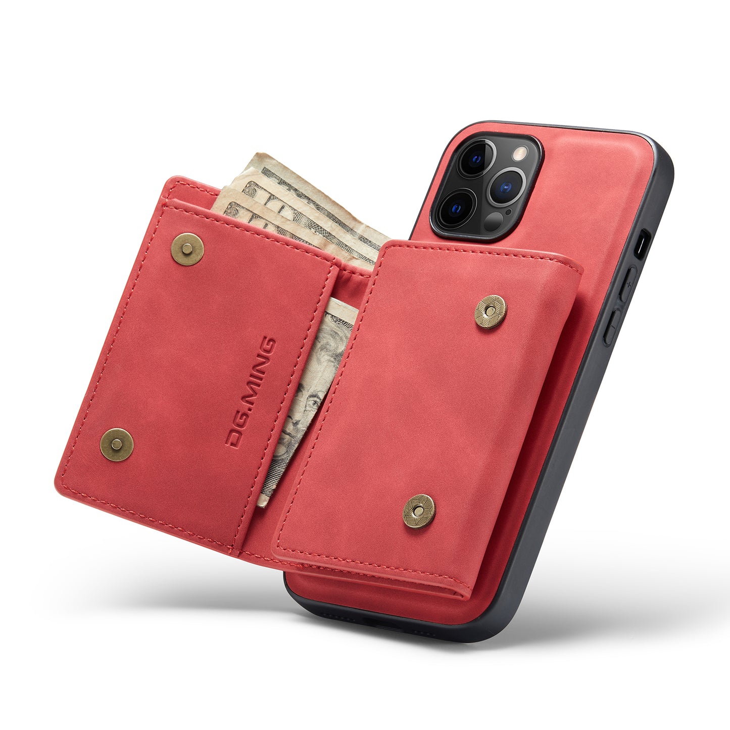 DG.MING M1 Series Wireless Charging Leather Coated TPU + PC Magnet Absorption Wallet Hybrid Cover Shell with Kickstand for iPhone 13 Pro 6.1 inch