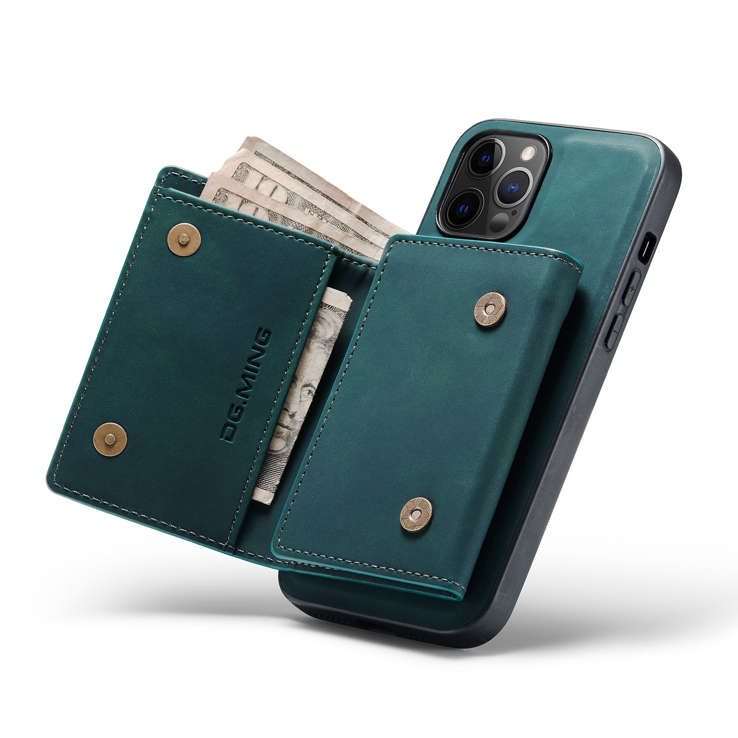 DG.MING M1 Series Wireless Charging Leather Coated TPU + PC Magnet Absorption Wallet Hybrid Cover Shell with Kickstand for iPhone 13 Pro 6.1 inch