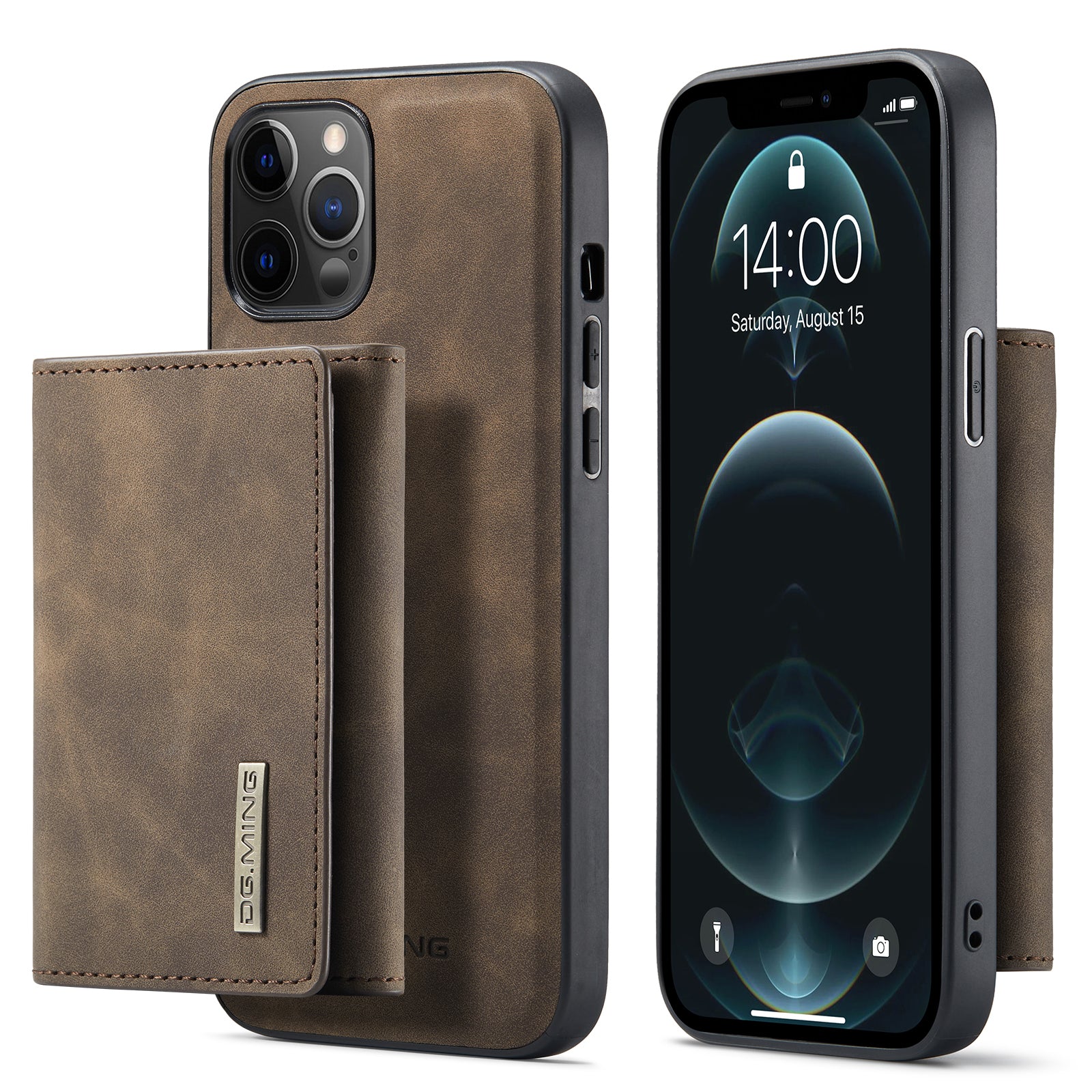 DG.MING M1 Series Wireless Charging Leather Coated TPU + PC Magnet Absorption Wallet Hybrid Cover Shell with Kickstand for iPhone 13 Pro 6.1 inch