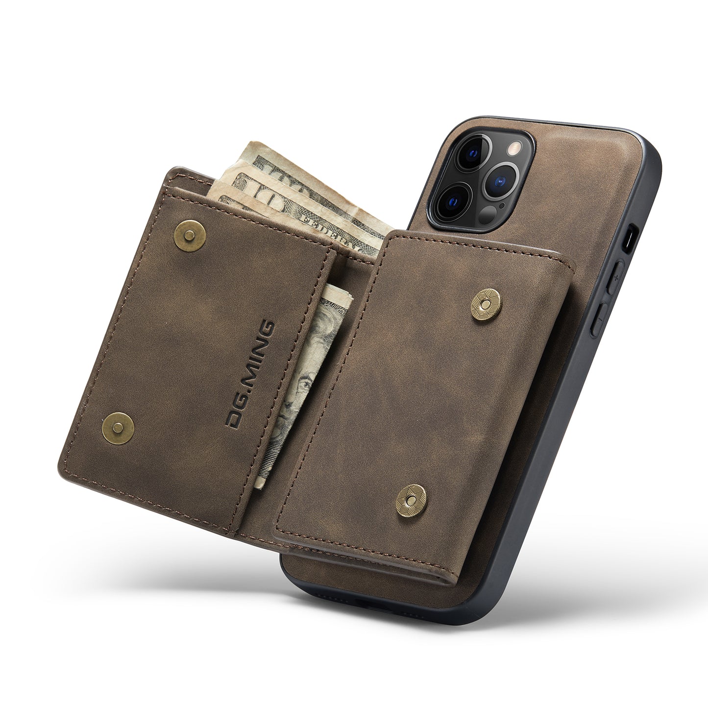DG.MING M1 Series Wireless Charging Leather Coated TPU + PC Magnet Absorption Wallet Hybrid Cover Shell with Kickstand for iPhone 13 Pro 6.1 inch