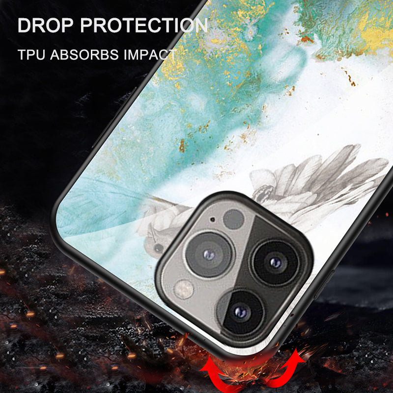 Marble Pattern Design Tempered Glass Anti-Scratch Soft TPU Bumper Frame Support Cover Case for iPhone 13 Pro 6.1 inch
