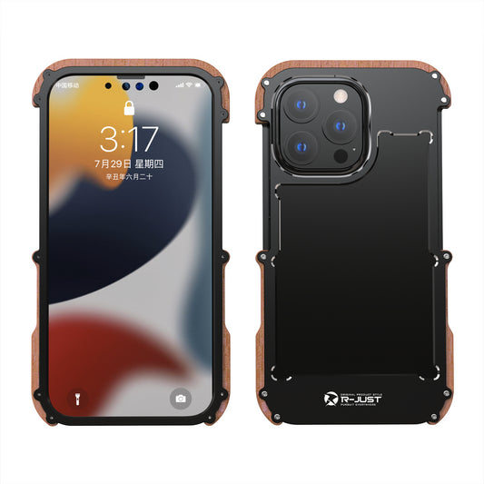 R-JUST Ultra Thin Aluminum Alloy Wood Metal Cover Protective Case Shockproof Bumper Frame for iPhone 13 Pro Max 6.7 inch