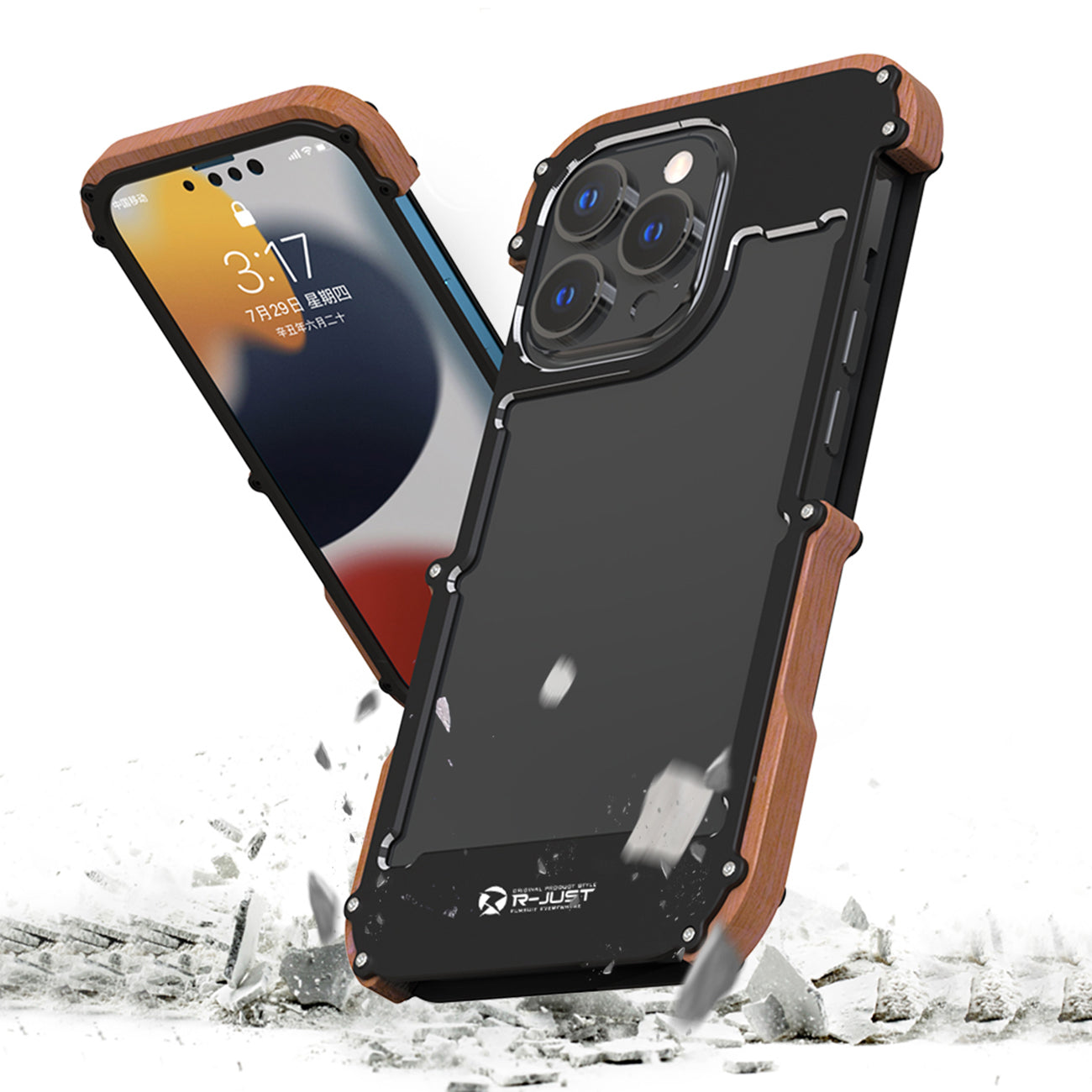 R-JUST Ultra Thin Aluminum Alloy Wood Metal Cover Protective Case Shockproof Bumper Frame for iPhone 13 Pro Max 6.7 inch