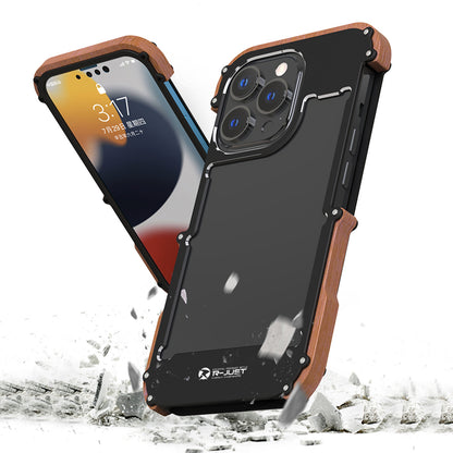 R-JUST Ultra Thin Aluminum Alloy Wood Metal Cover Protective Case Shockproof Bumper Frame for iPhone 13 Pro Max 6.7 inch