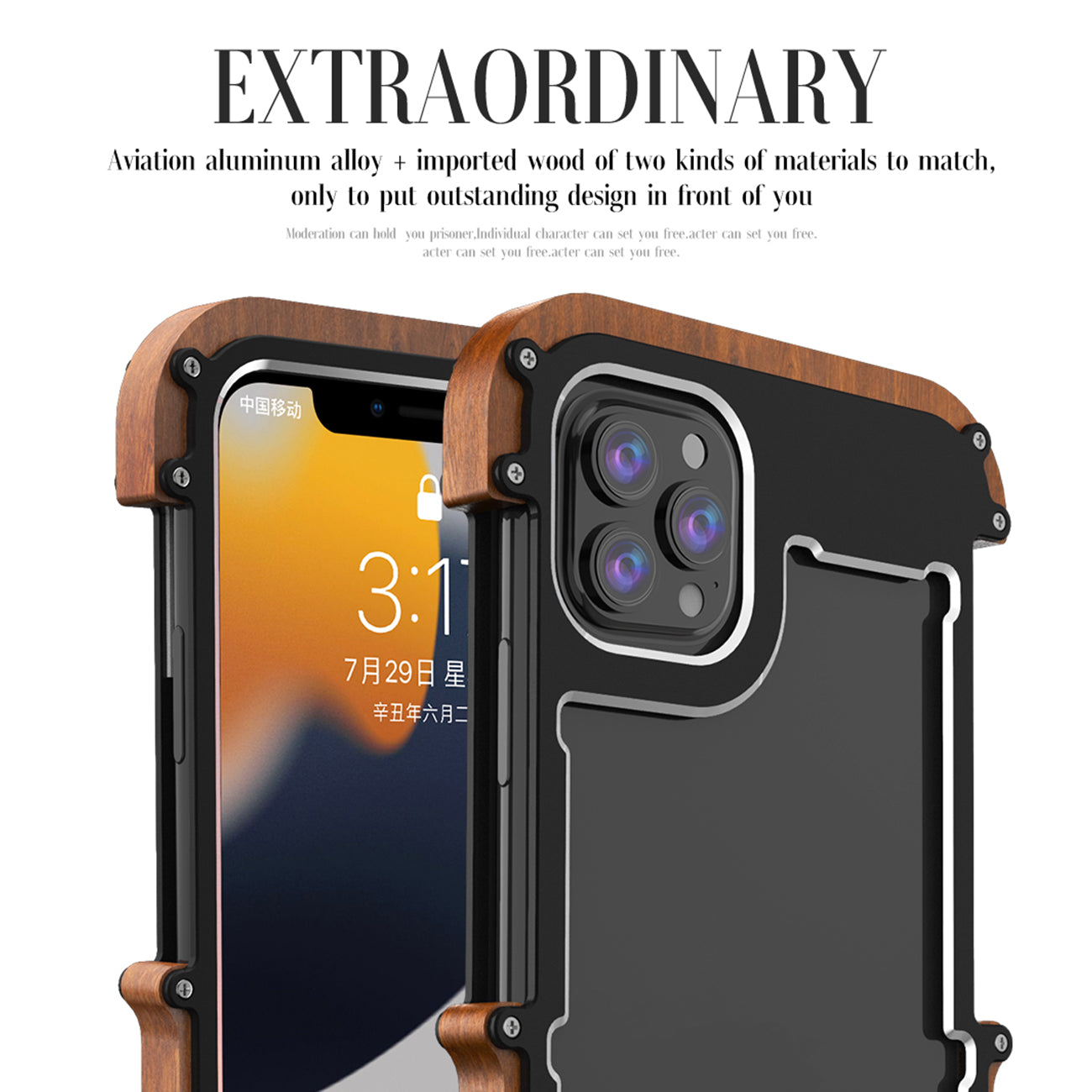 R-JUST Ultra Thin Aluminum Alloy Wood Metal Cover Protective Case Shockproof Bumper Frame for iPhone 13 Pro Max 6.7 inch
