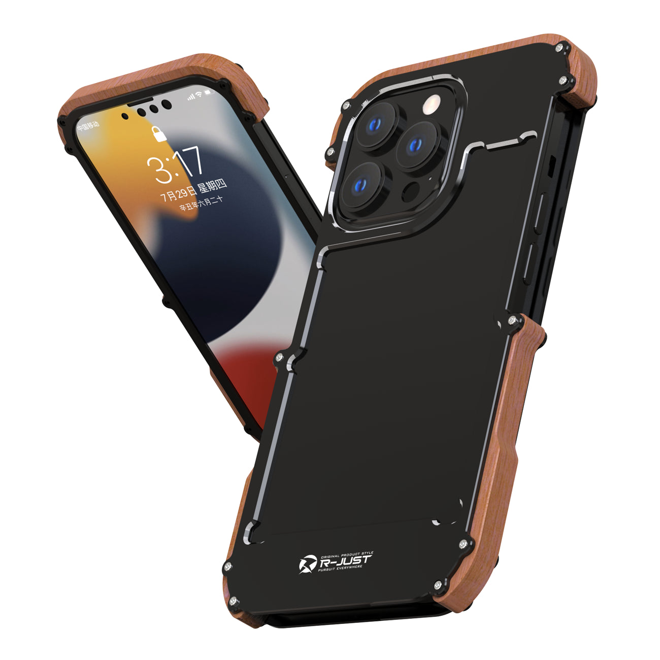R-JUST Ultra Thin Aluminum Alloy Wood Metal Cover Protective Case Shockproof Bumper Frame for iPhone 13 Pro Max 6.7 inch
