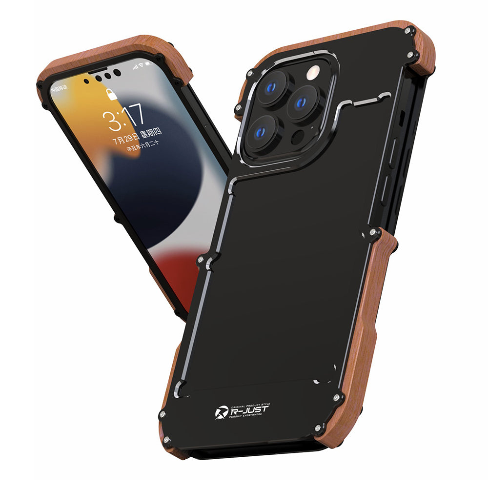 R-JUST Wood + Aluminium Alloy Frame Protector Bumper Shockproof Cell Phone Case for Apple iPhone 13 Pro 6.1 inch