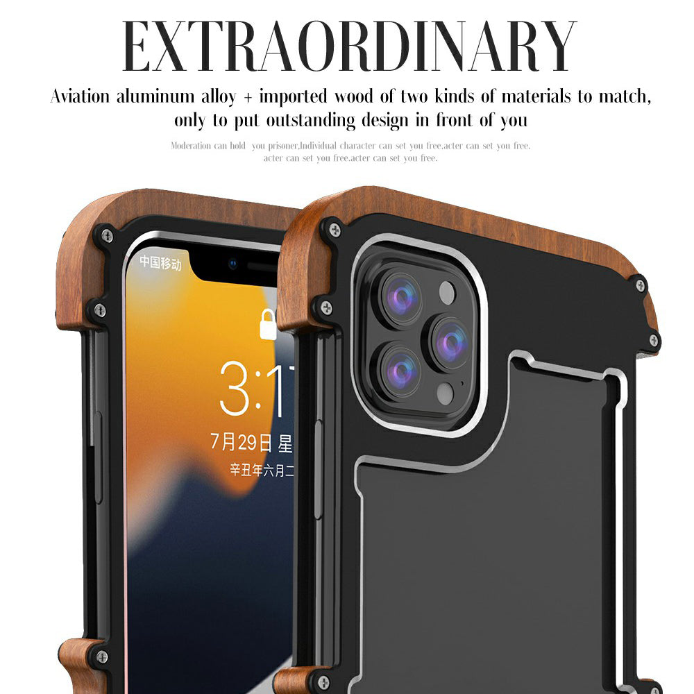 R-JUST Wood + Aluminium Alloy Frame Protector Bumper Shockproof Cell Phone Case for Apple iPhone 13 Pro 6.1 inch