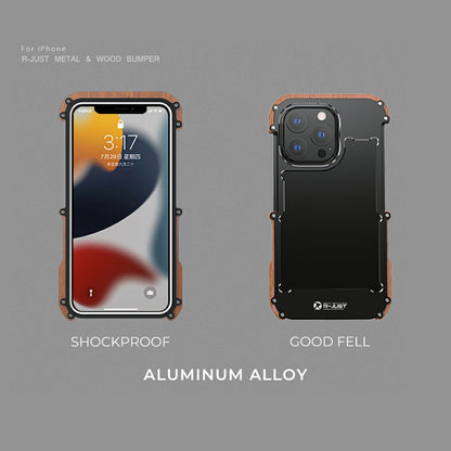 R-JUST Wood + Aluminium Alloy Frame Protector Bumper Shockproof Cell Phone Case for Apple iPhone 13 Pro 6.1 inch