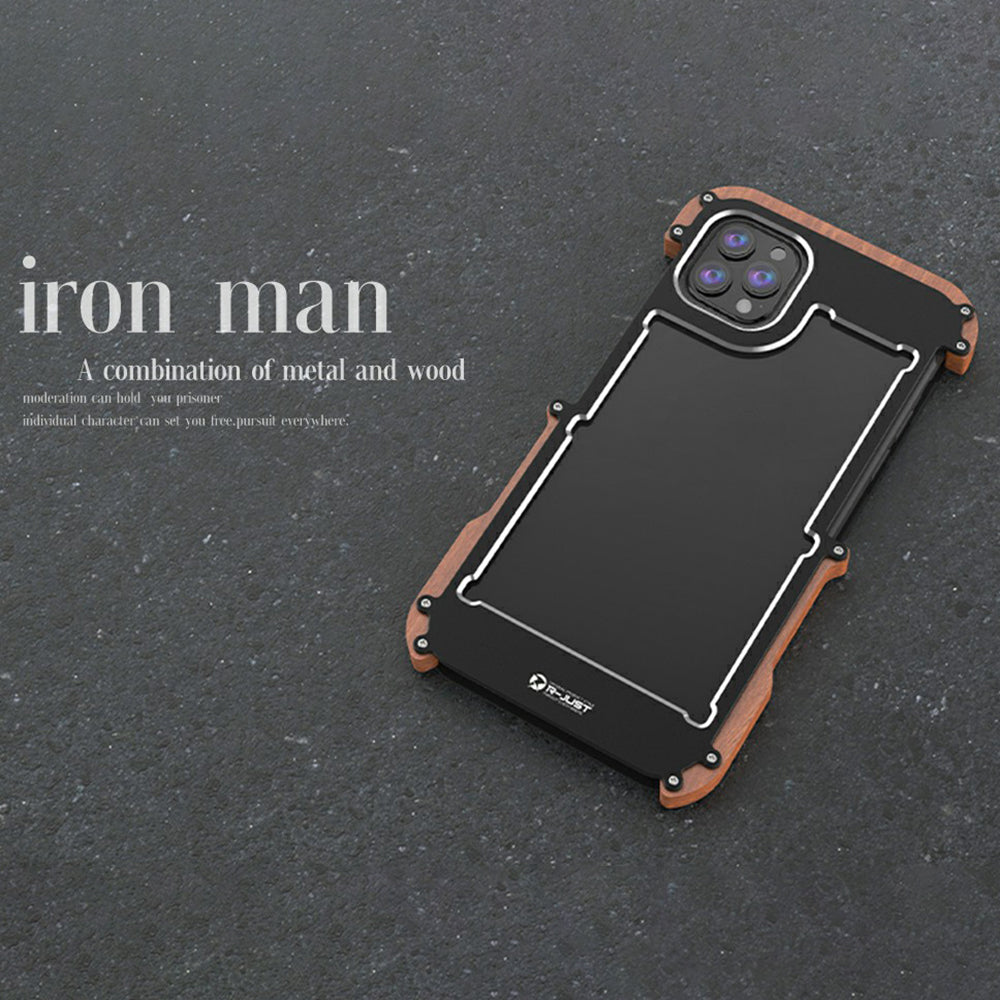 R-JUST Wood + Aluminium Alloy Frame Protector Bumper Shockproof Cell Phone Case for Apple iPhone 13 Pro 6.1 inch