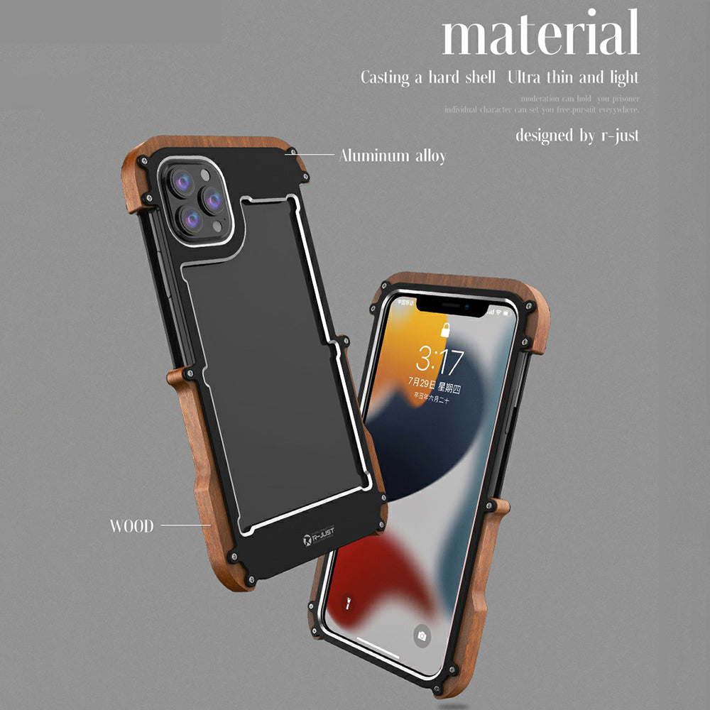 R-JUST Wood + Aluminium Alloy Frame Protector Bumper Shockproof Cell Phone Case for Apple iPhone 13 Pro 6.1 inch