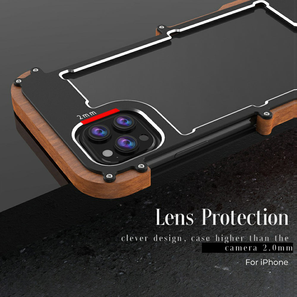 R-JUST Wood + Aluminium Alloy Frame Protector Bumper Shockproof Cell Phone Case for Apple iPhone 13 Pro 6.1 inch