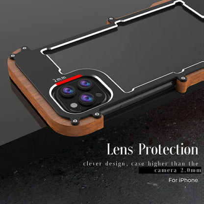 R-JUST Wood + Aluminium Alloy Frame Protector Bumper Shockproof Cell Phone Case for Apple iPhone 13 Pro 6.1 inch