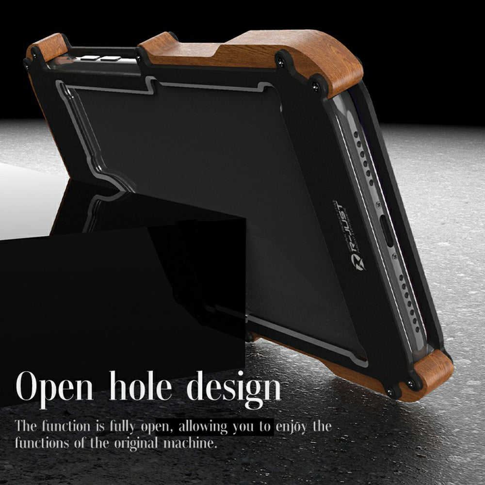 R-JUST Wood + Aluminium Alloy Frame Protector Bumper Shockproof Cell Phone Case for Apple iPhone 13 Pro 6.1 inch