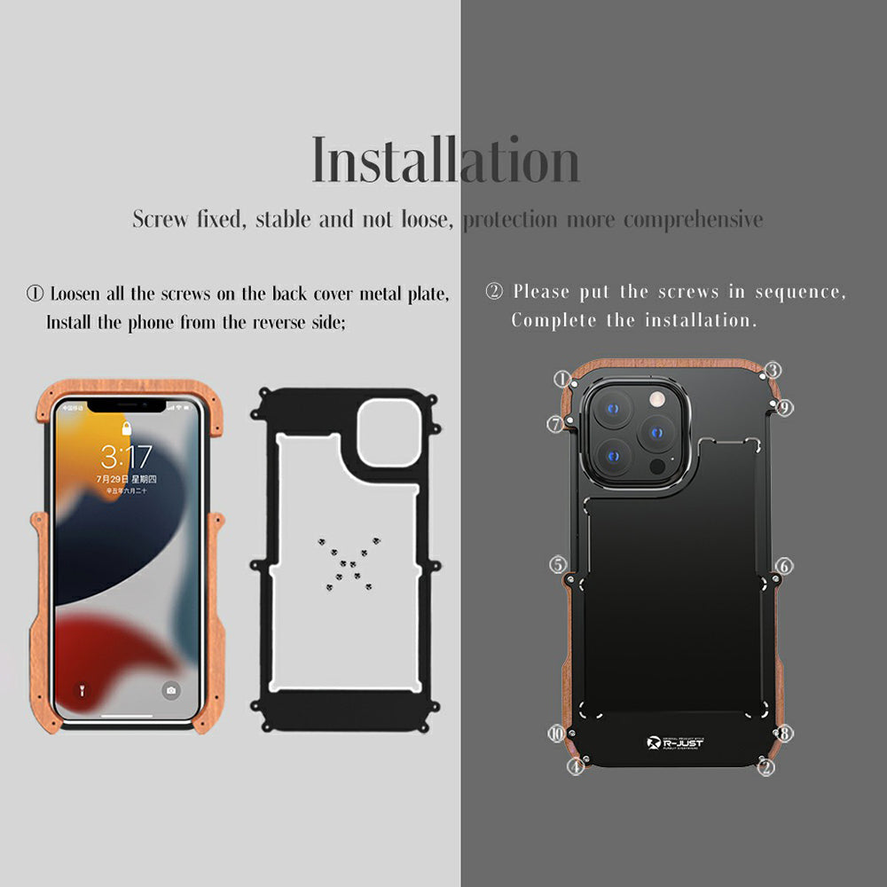 R-JUST Wood + Aluminium Alloy Frame Protector Bumper Shockproof Cell Phone Case for Apple iPhone 13 Pro 6.1 inch