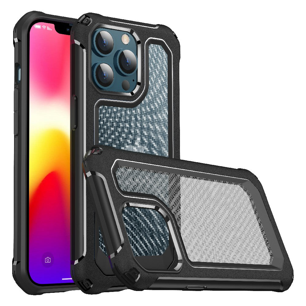 Shockproof 2-in-1 Hybrid Hard PC Flexible TPU Bumper Carbon Fiber Texture Protective Case for iPhone 13 Pro Max 6.7 inch