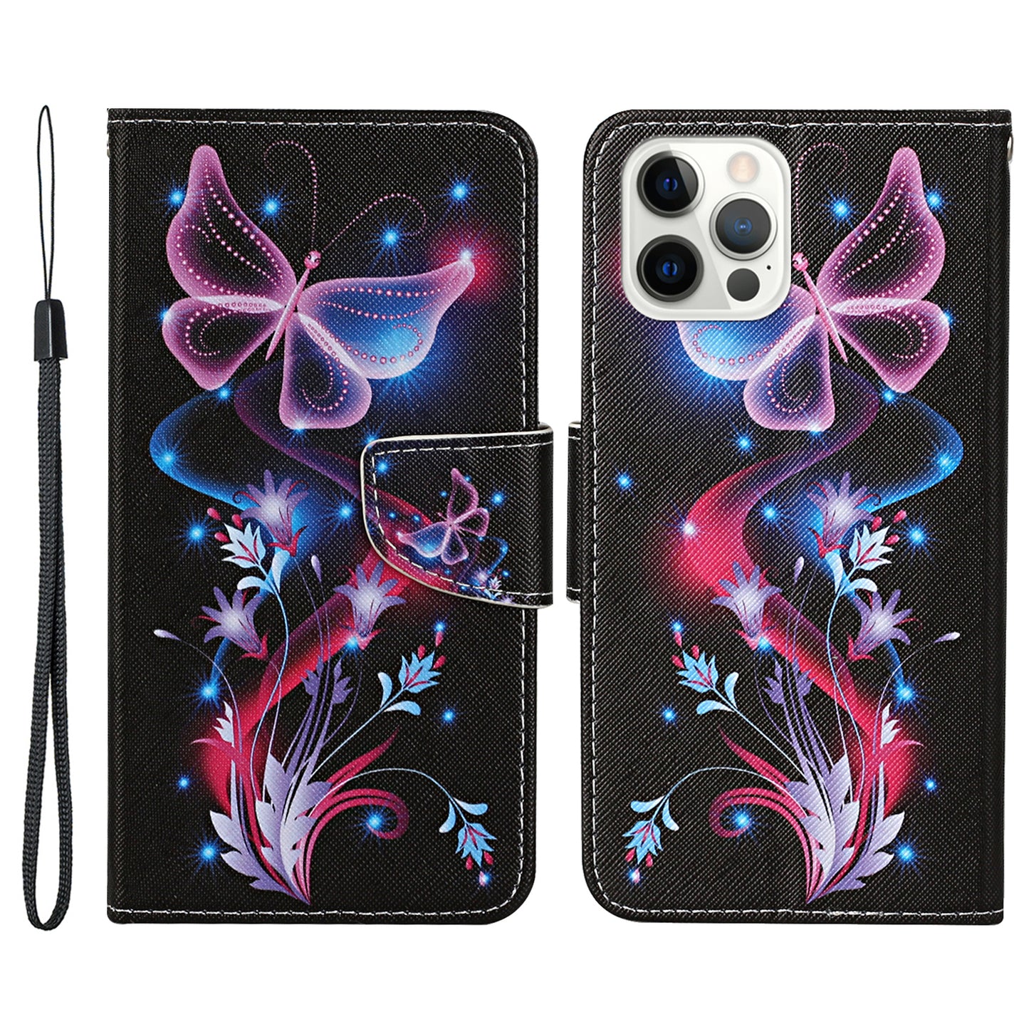 Pattern Printing Leather Phone Wallet Cover Stand Case with Strap for iPhone 13 Pro 6.1 inch