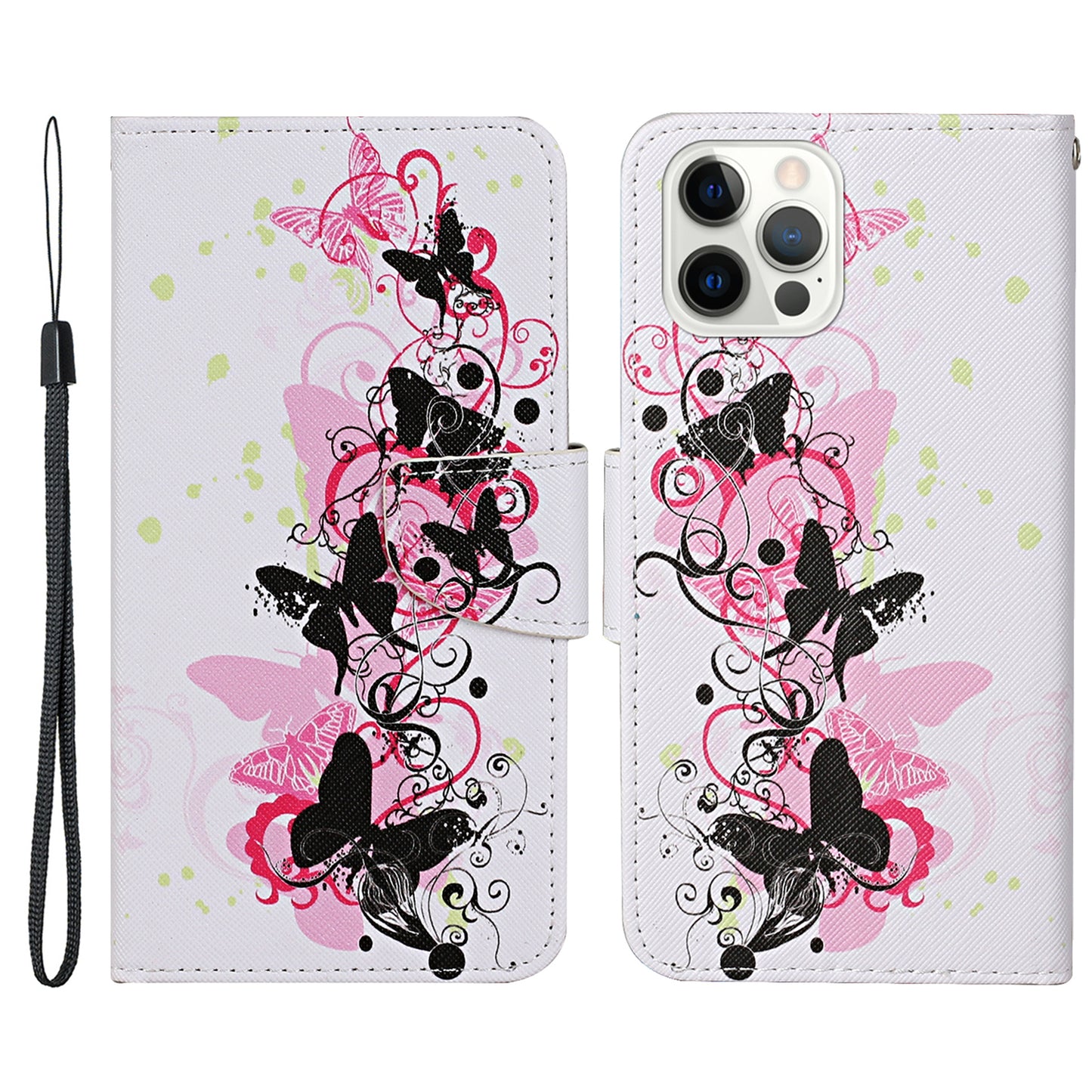 Pattern Printing Leather Phone Wallet Cover Stand Case with Strap for iPhone 13 Pro 6.1 inch