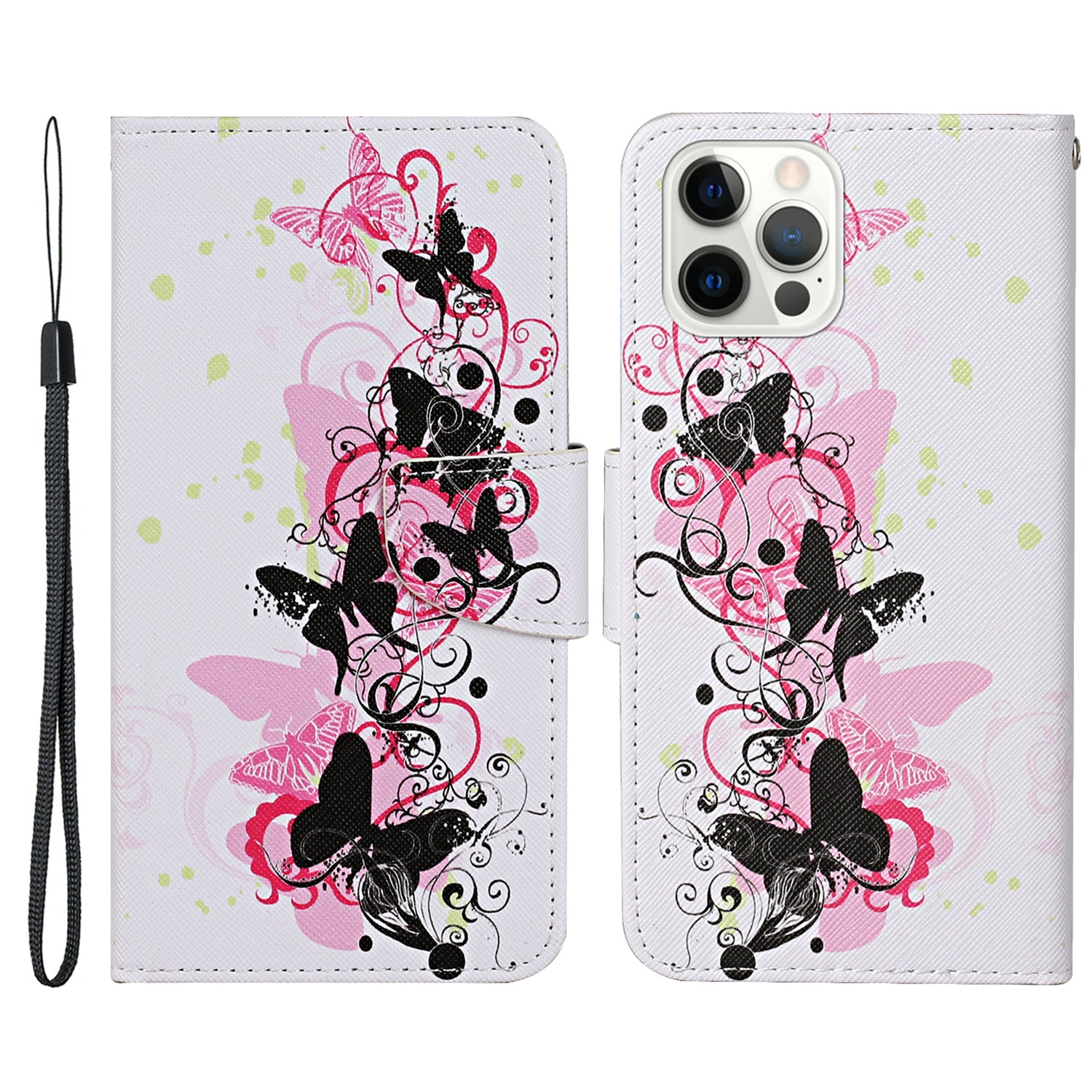 Pattern Printing Leather Phone Wallet Cover Stand Case with Strap for iPhone 13 Pro 6.1 inch
