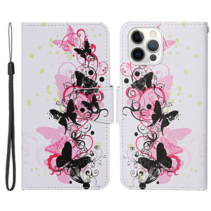 Pattern Printing Leather Phone Wallet Cover Stand Case with Strap for iPhone 13 Pro 6.1 inch