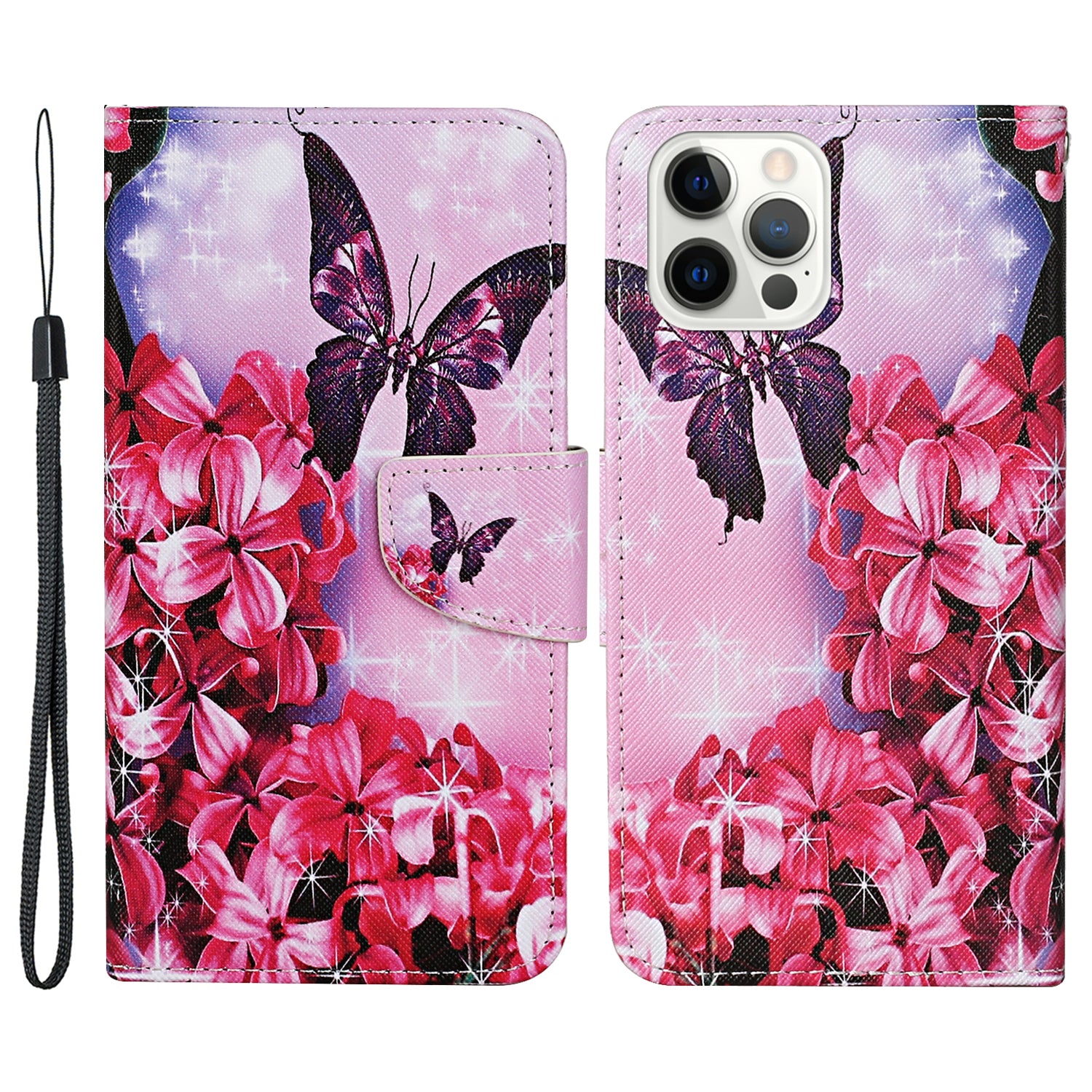 Pattern Printing Leather Phone Wallet Cover Stand Case with Strap for iPhone 13 Pro 6.1 inch