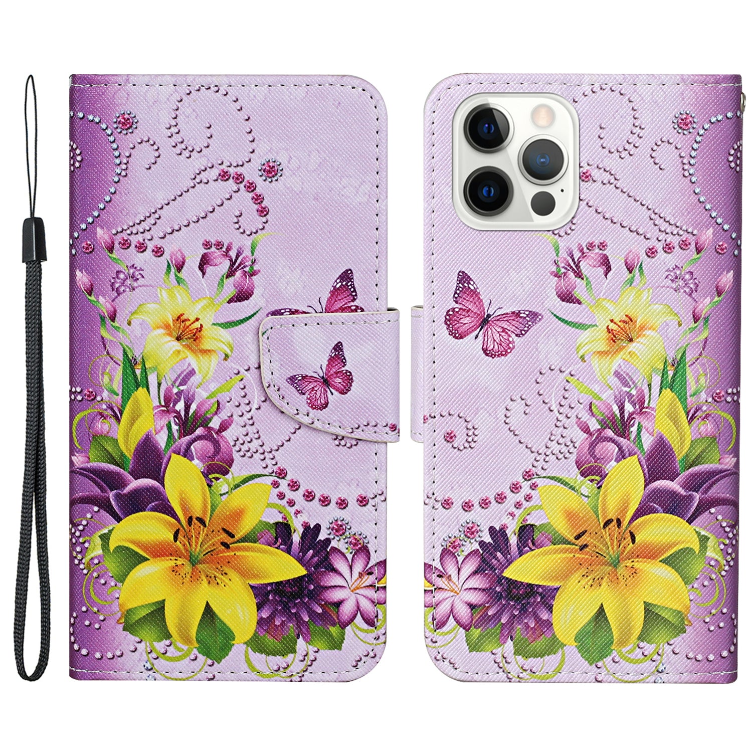 Pattern Printing Leather Phone Wallet Cover Stand Case with Strap for iPhone 13 Pro 6.1 inch