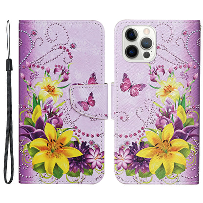 Pattern Printing Leather Phone Wallet Cover Stand Case with Strap for iPhone 13 Pro 6.1 inch