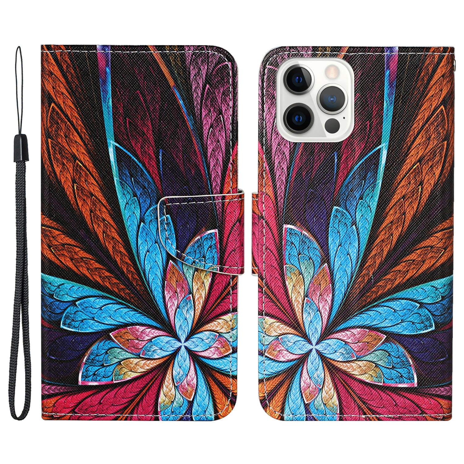 Pattern Printing Leather Phone Wallet Cover Stand Case with Strap for iPhone 13 Pro 6.1 inch