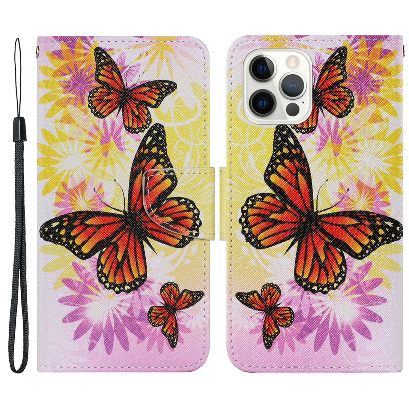 Multi Pattern Magnetic Clasp Wrist Strap Leather Phone Cell Case with Stand for Apple iPhone 13 Pro 6.1 inch