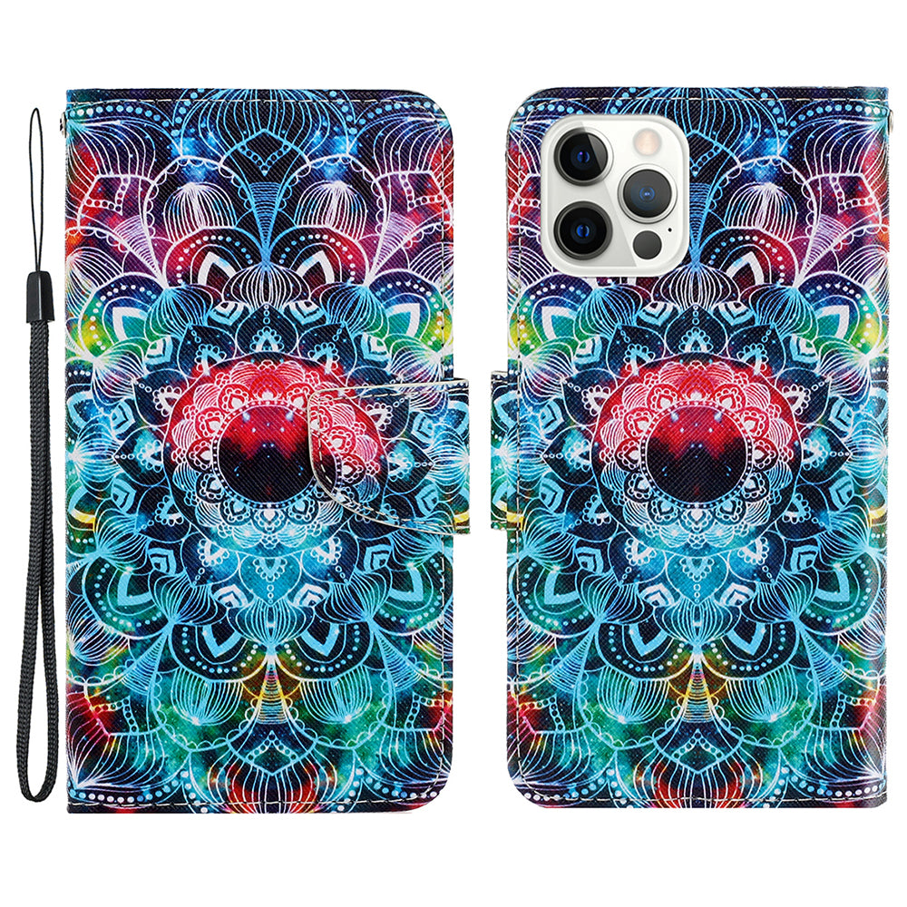 Card Slots Shockproof Pattern-Printing Handy Strap Leather Cell Case with Wallet and Stand for iPhone 13 Pro Max 6.7 inch