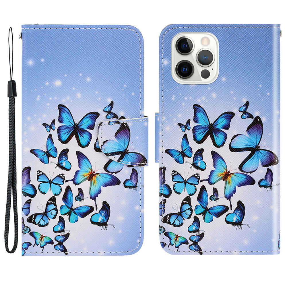 Card Slots Shockproof Pattern-Printing Handy Strap Leather Cell Case with Wallet and Stand for iPhone 13 Pro Max 6.7 inch