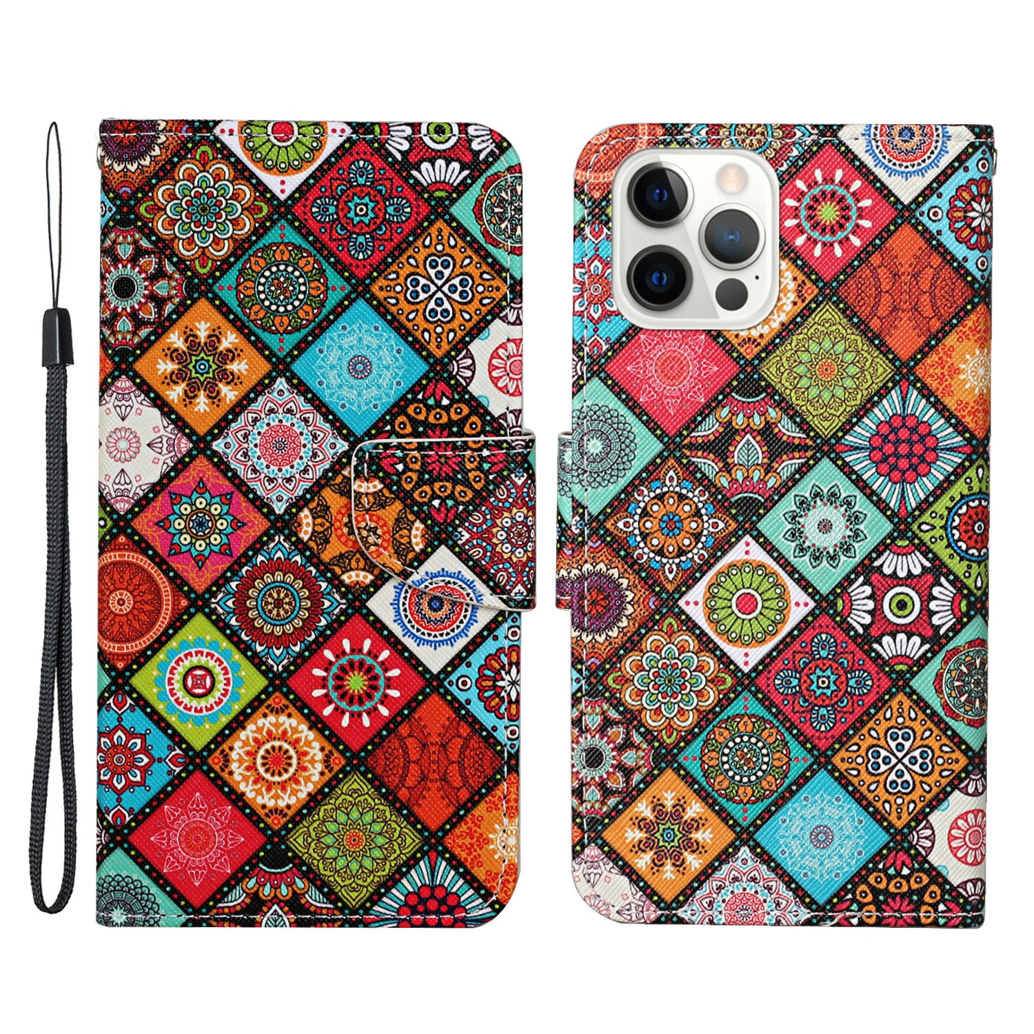 All-around Protection Pattern-Printing Handy Strap Leather Cell Case with Wallet and Stand for iPhone 13 Pro Max 6.7 inch