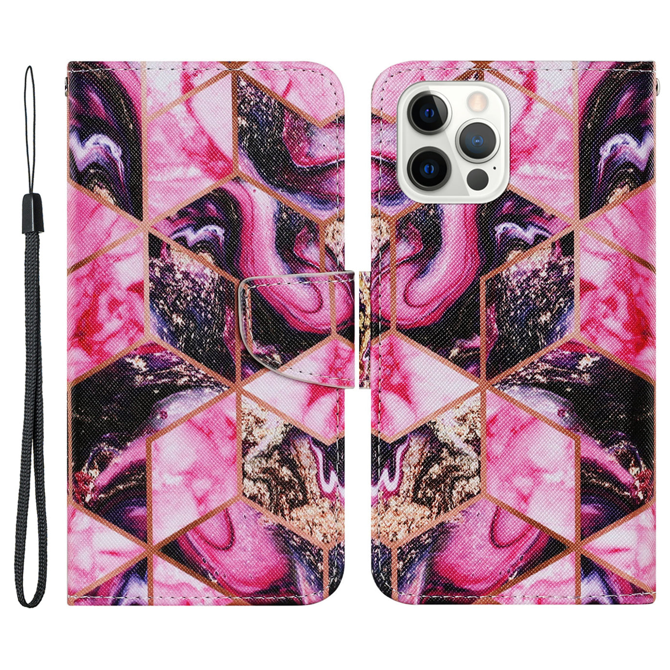 Pattern-Printing Card Slots Strap Leather Cell Case with Wallet and Stand for iPhone 13 Pro Max 6.7 inch
