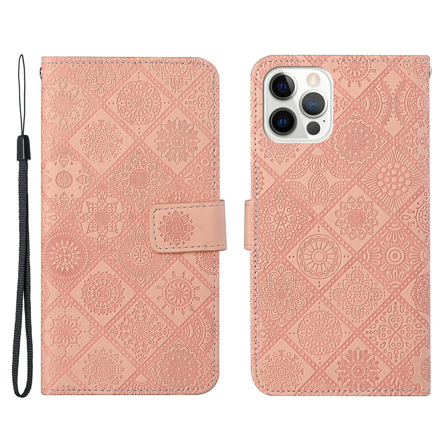 Imprinted Flower Ethnic Style Wallet Stand Design Leather Protective Case for iPhone 13 Pro Max 6.7 inch