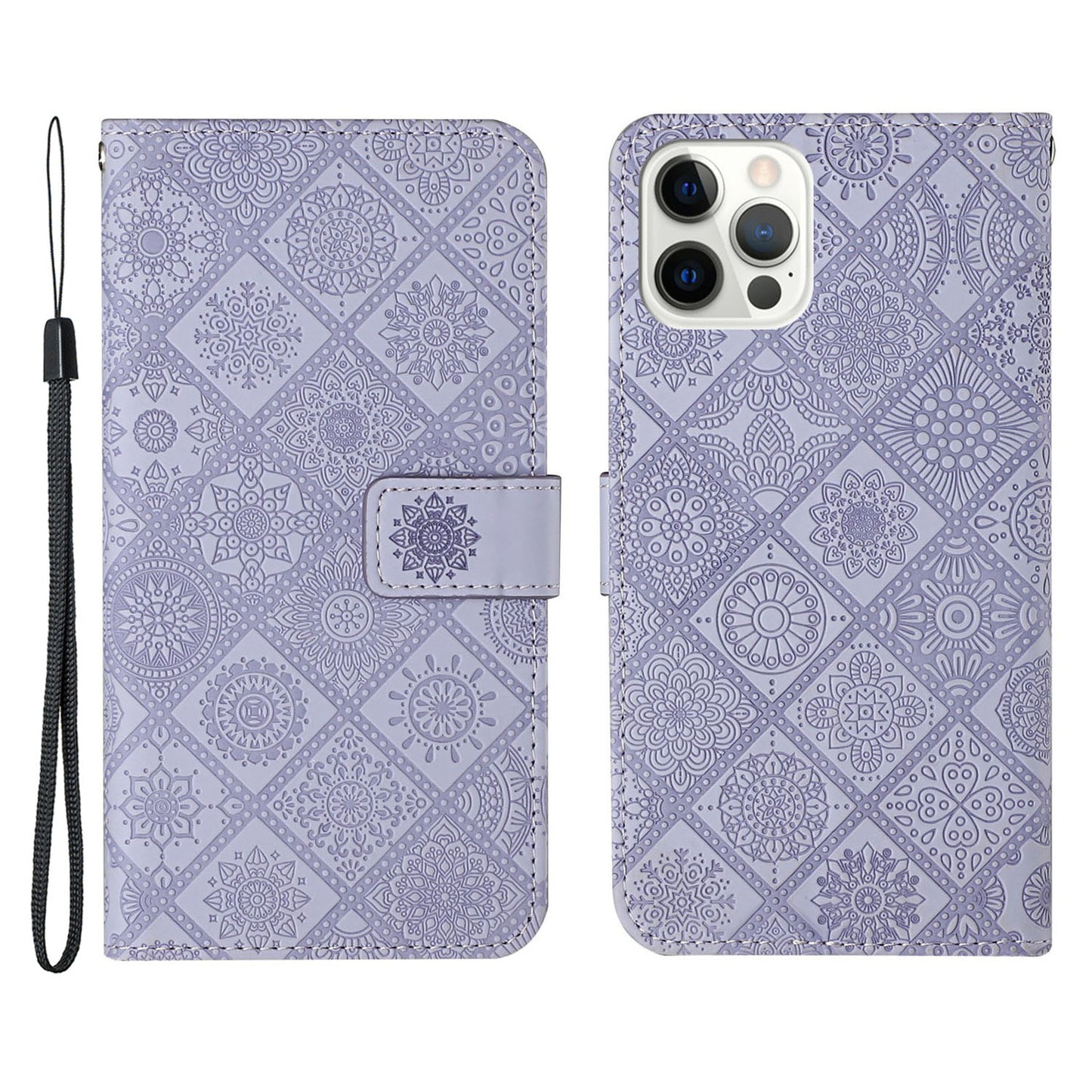 Imprinted Flower Ethnic Style Wallet Stand Design Leather Protective Case for iPhone 13 Pro Max 6.7 inch