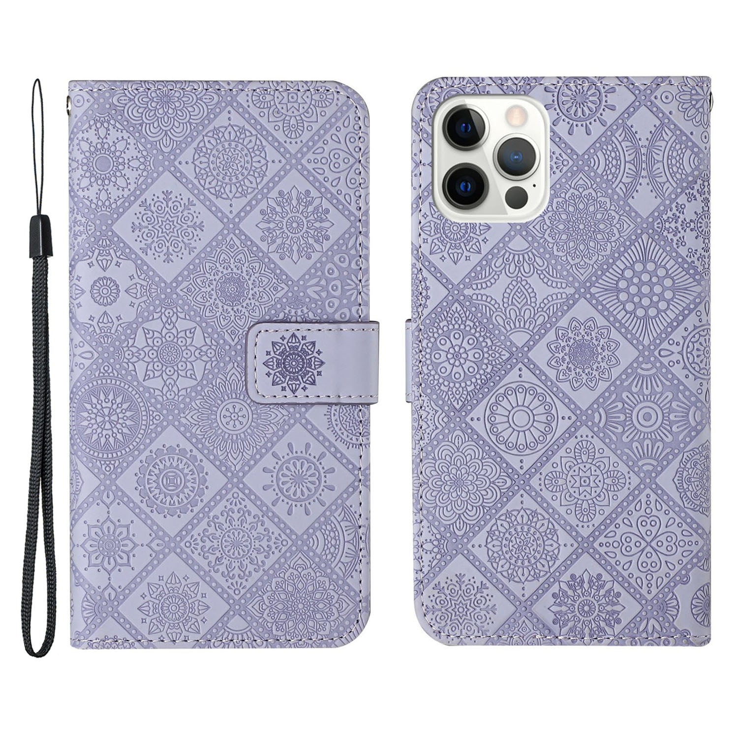 Imprinted Flower Ethnic Style Wallet Stand Design Leather Protective Case for iPhone 13 Pro Max 6.7 inch