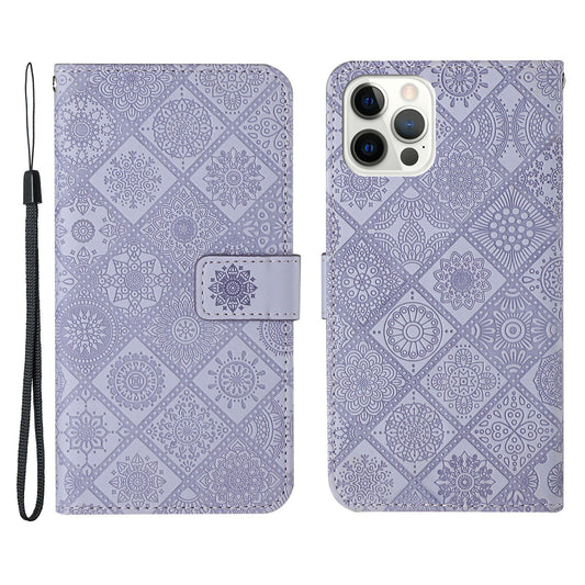 Imprinted Flower Ethnic Style Wallet Stand Design Leather Protective Case for iPhone 13 Pro Max 6.7 inch