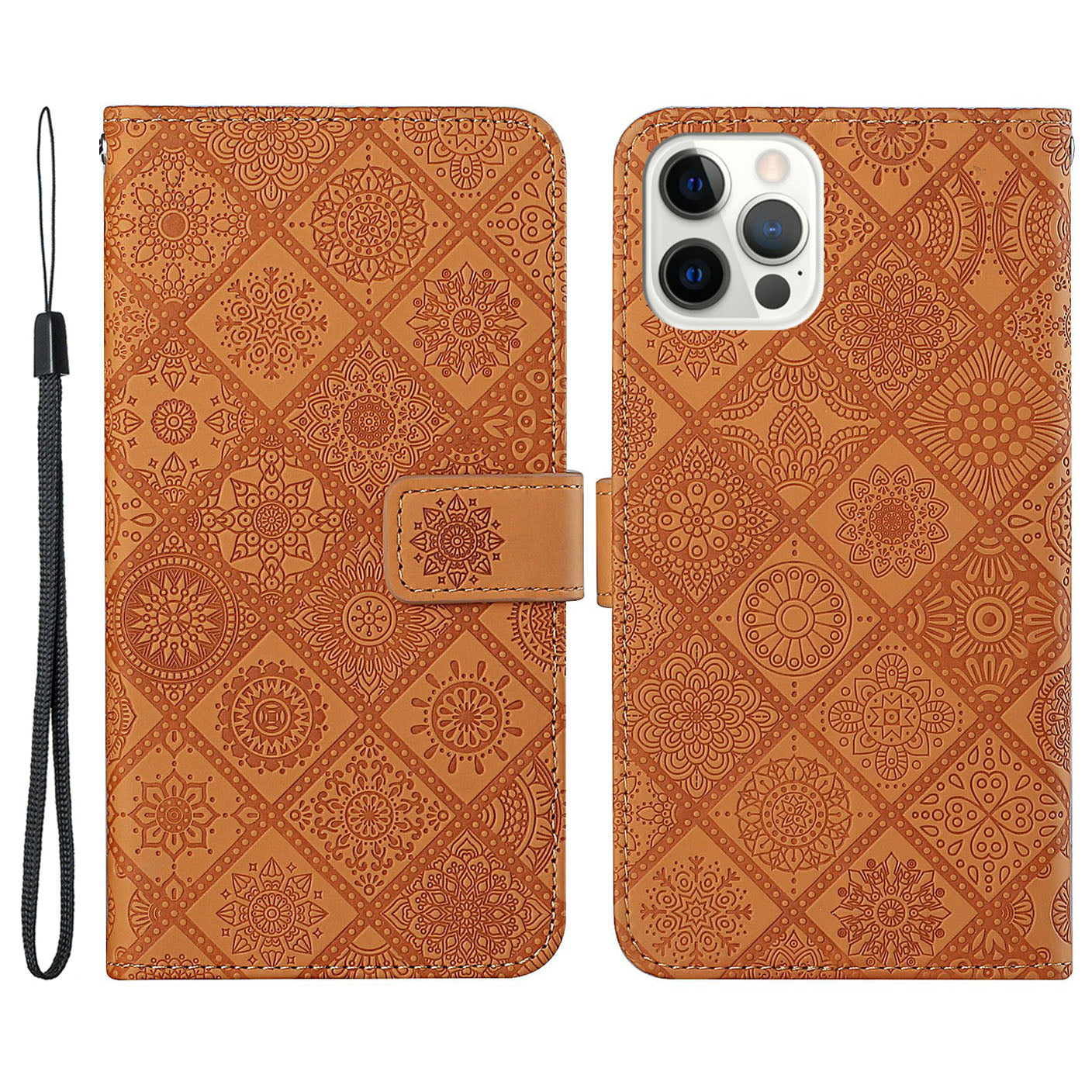 Ethnic Style Imprinted Flower Wallet Leather Case with Stand for iPhone 13 Pro 6.1 inch