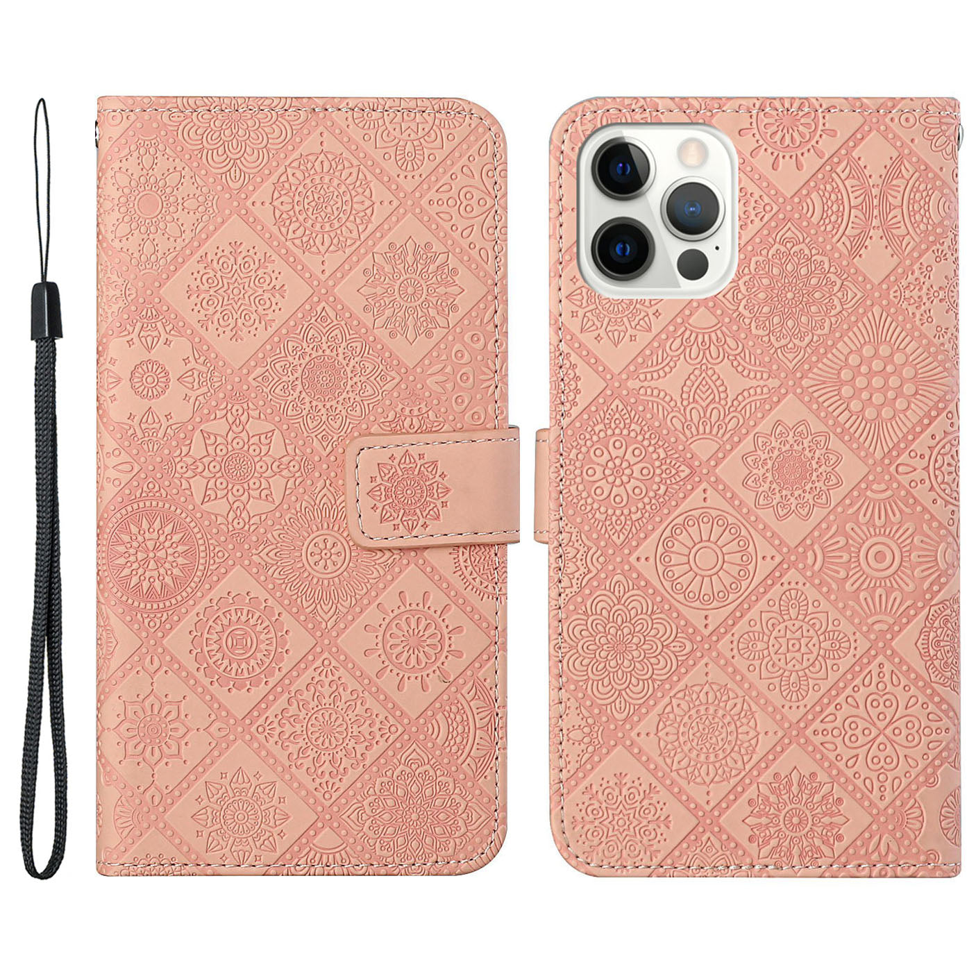 Ethnic Style Imprinted Flower Wallet Leather Case with Stand for iPhone 13 Pro 6.1 inch