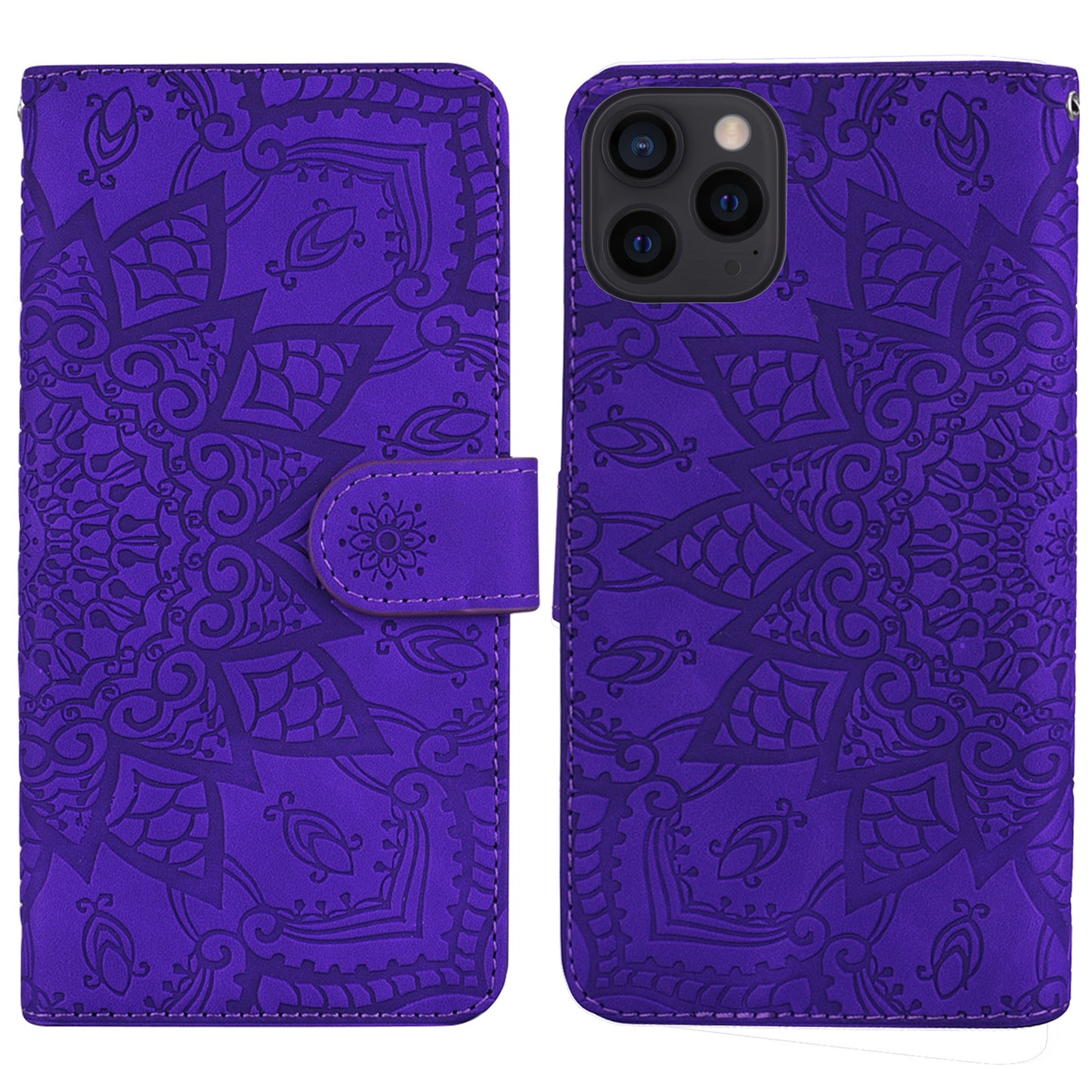 Imprint Flower All-round Protection Phone Shell Wallet Stand Design Leather Case for iPhone 13 Pro 6.1 inch