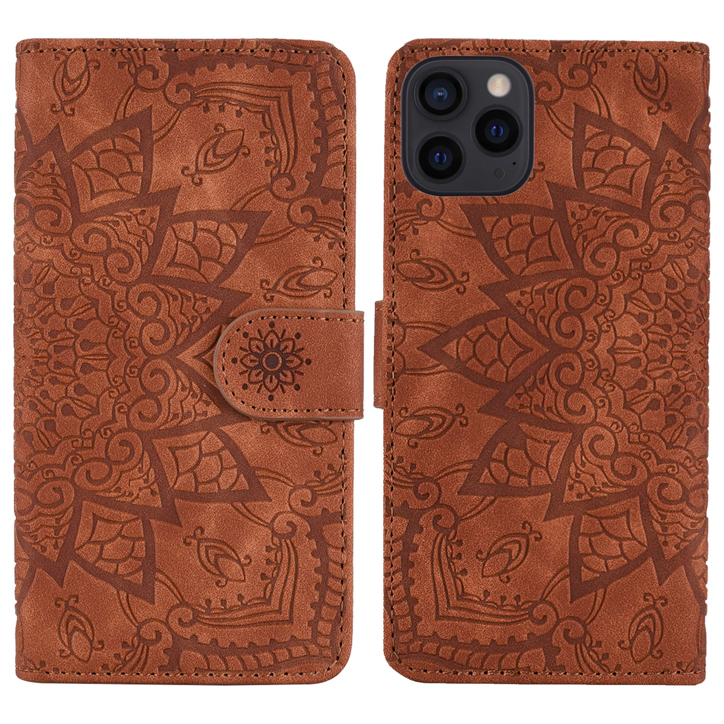 Imprint Flower All-round Protection Phone Shell Wallet Stand Design Leather Case for iPhone 13 Pro 6.1 inch