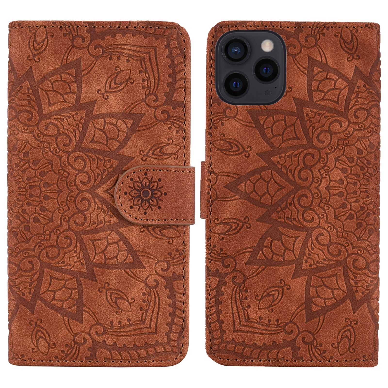 Imprint Flower All-round Protection Phone Shell Wallet Stand Design Leather Case for iPhone 13 Pro 6.1 inch