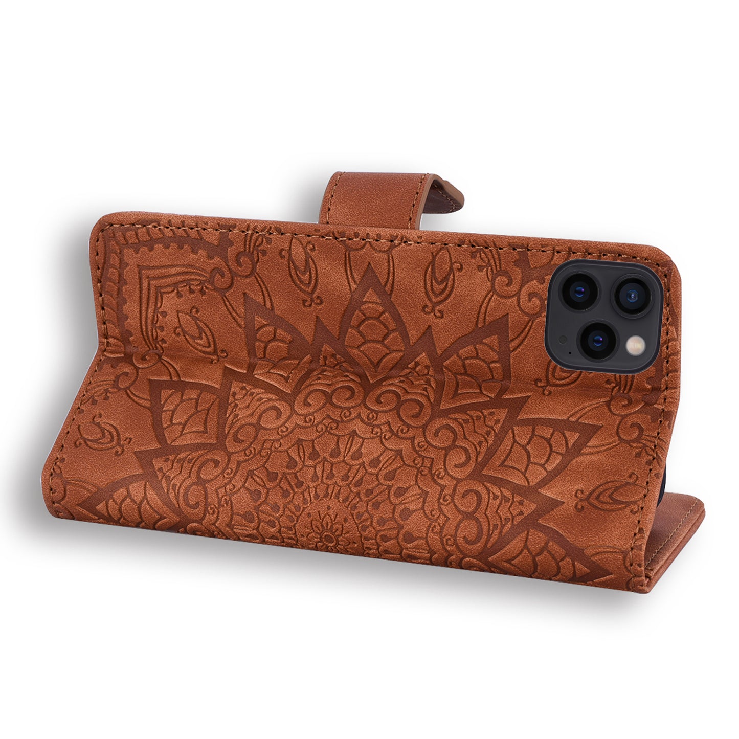 Imprint Flower All-round Protection Phone Shell Wallet Stand Design Leather Case for iPhone 13 Pro 6.1 inch