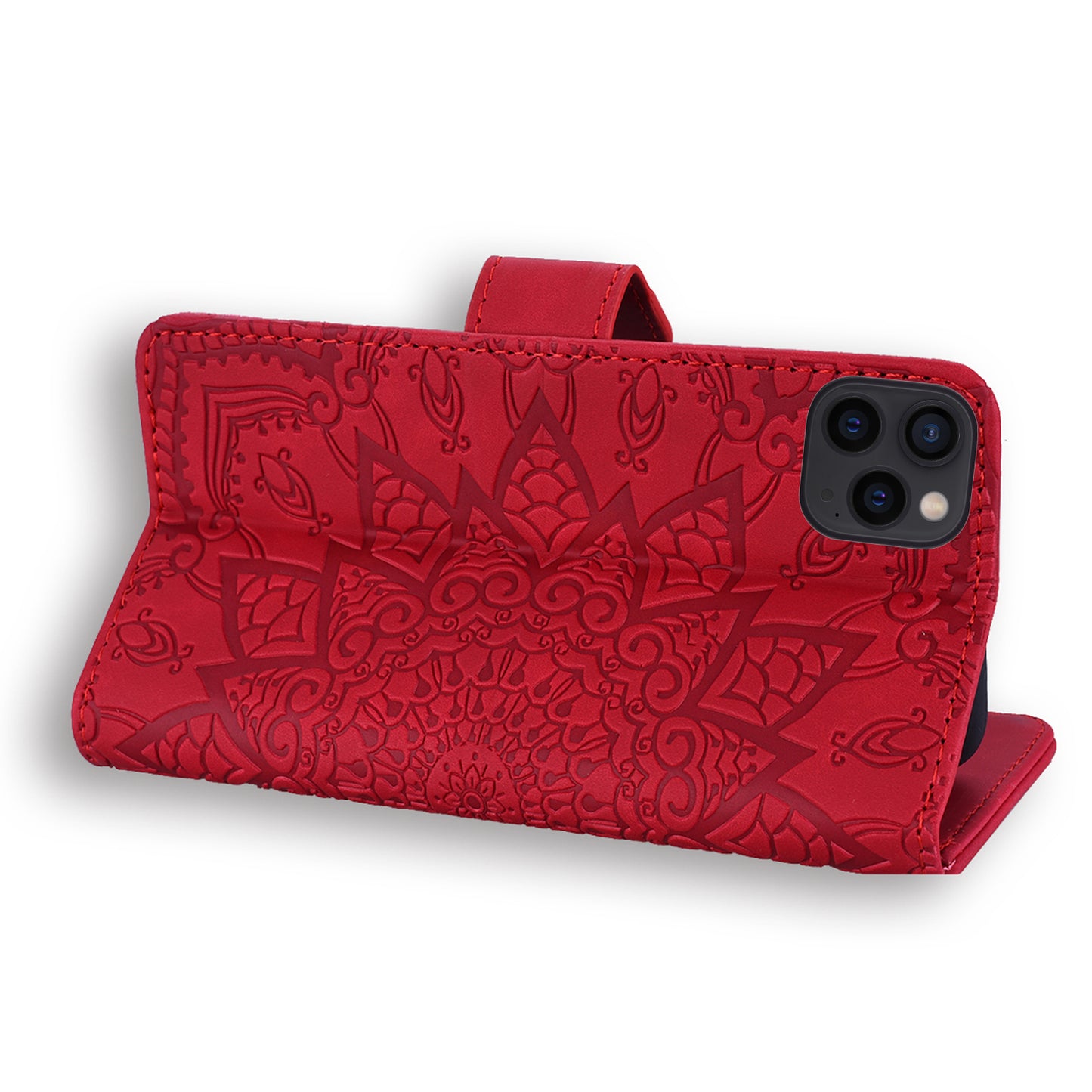 Imprint Flower All-round Protection Phone Shell Wallet Stand Design Leather Case for iPhone 13 Pro 6.1 inch