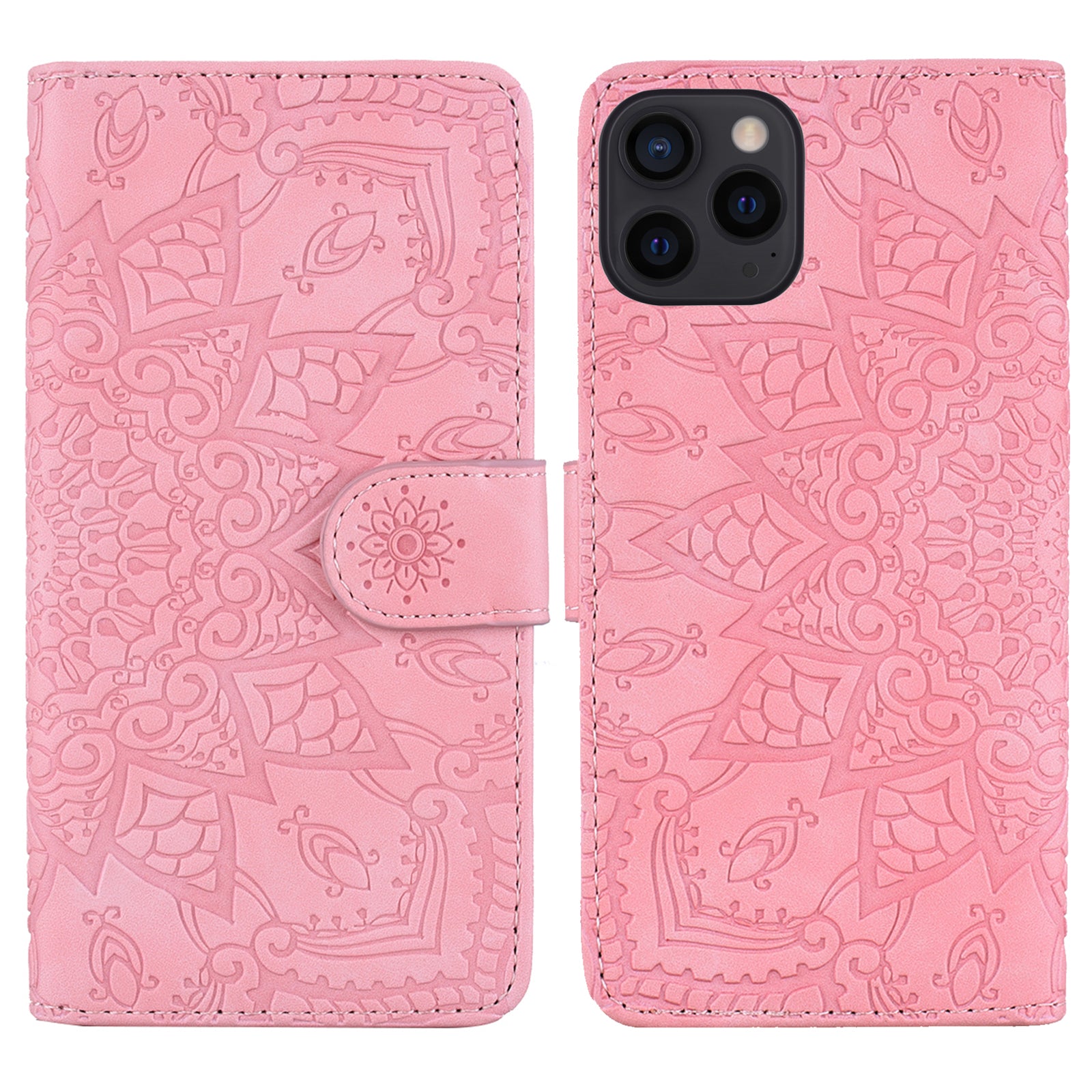 Imprint Flower All-round Protection Phone Shell Wallet Stand Design Leather Case for iPhone 13 Pro 6.1 inch