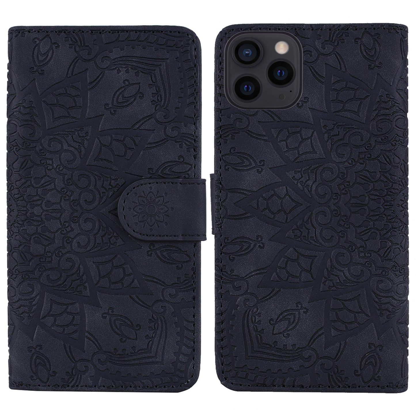 Imprint Flower All-round Protection Phone Shell Wallet Stand Design Leather Case for iPhone 13 Pro 6.1 inch