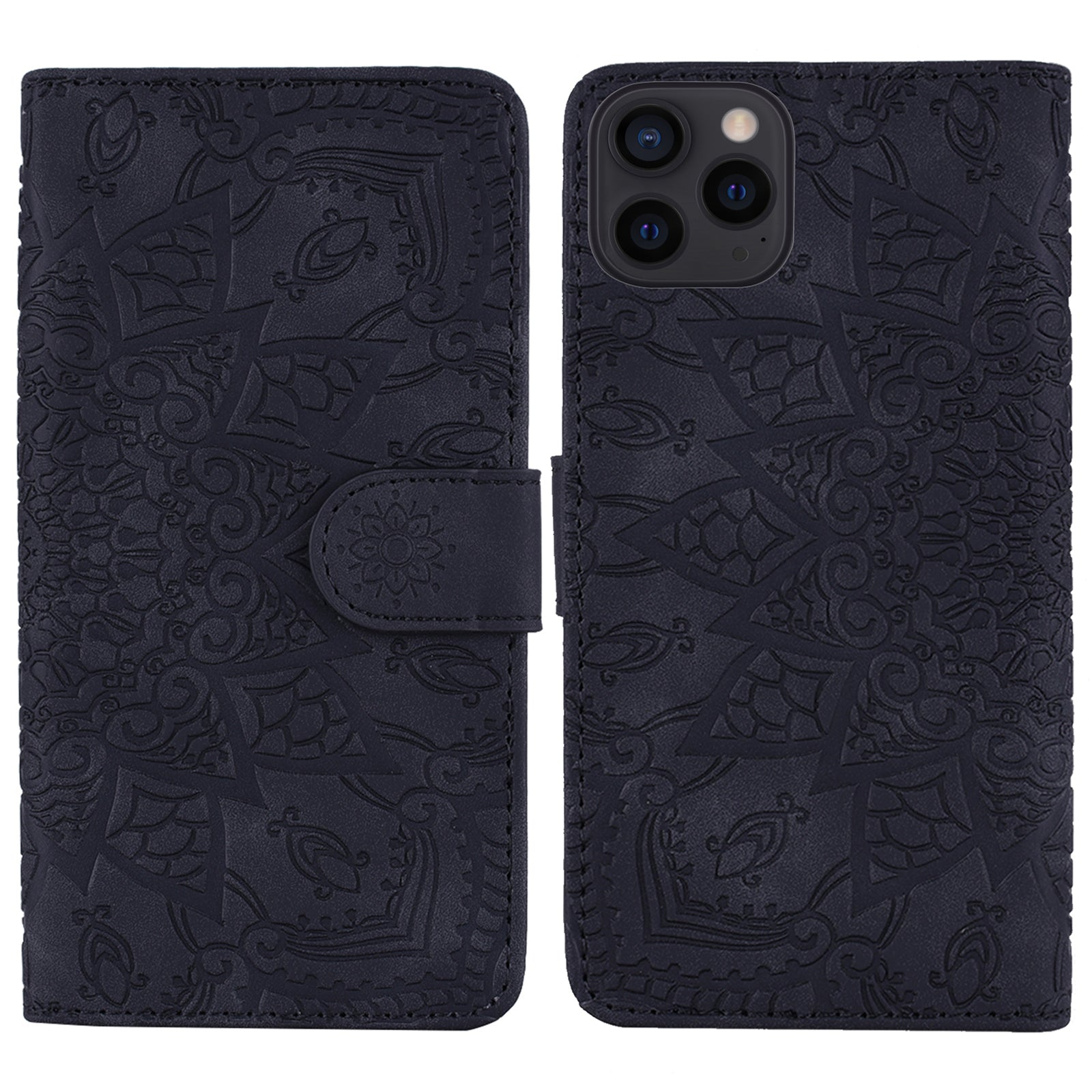 Imprint Flower All-round Protection Phone Shell Wallet Stand Design Leather Case for iPhone 13 Pro 6.1 inch