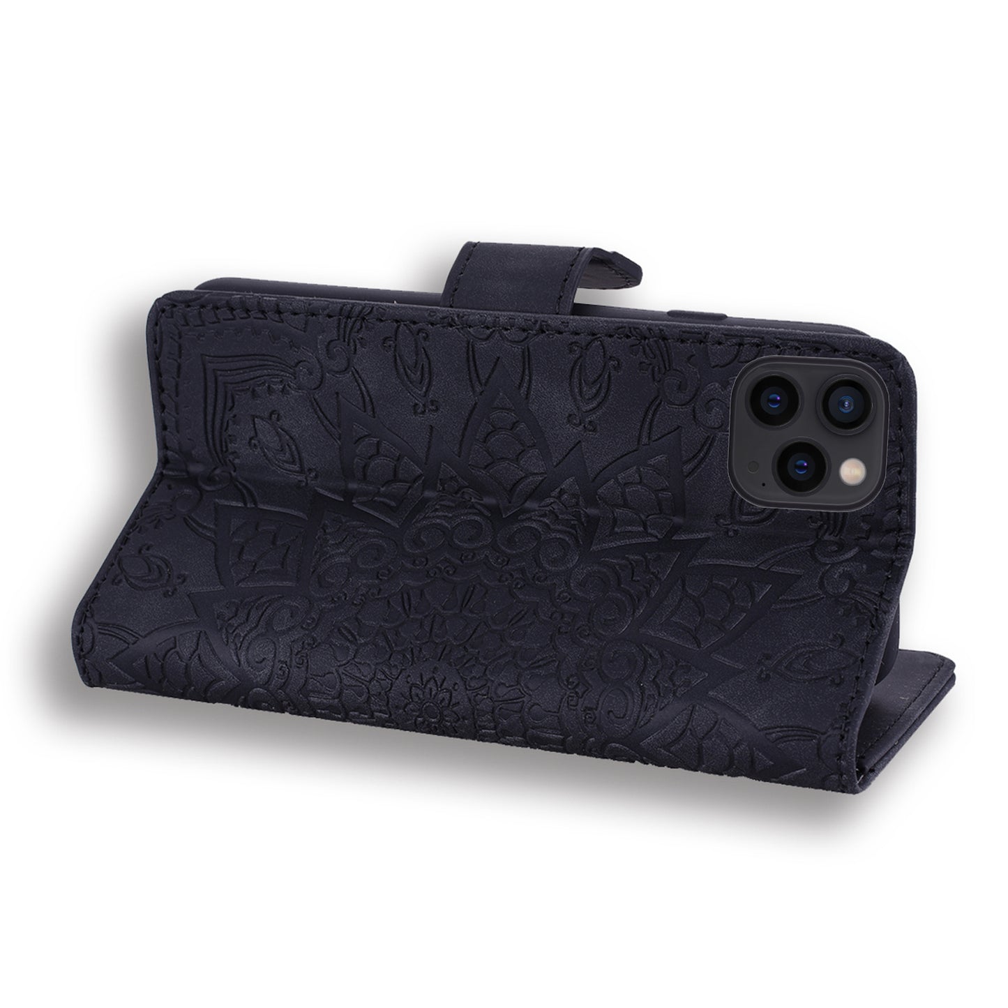 Imprint Flower All-round Protection Phone Shell Wallet Stand Design Leather Case for iPhone 13 Pro 6.1 inch