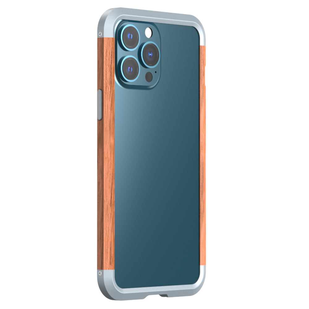 R-JUST Ultra Thin Hard Metal Aluminum Alloy Wooden Protect Bumper Frame Case for iPhone 13 Pro Max 6.7 inch